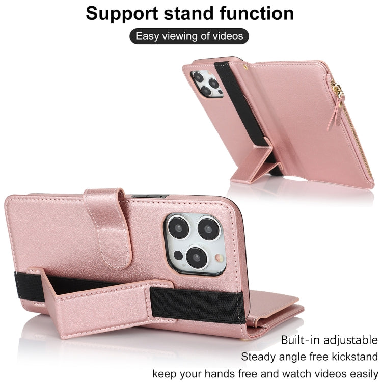 For iPhone 16 Pro Wristband Holder Zipper Purse RFID Leather Phone Case(Rose Gold) - iPhone 16 Pro Cases by buy2fix | Online Shopping UK | buy2fix