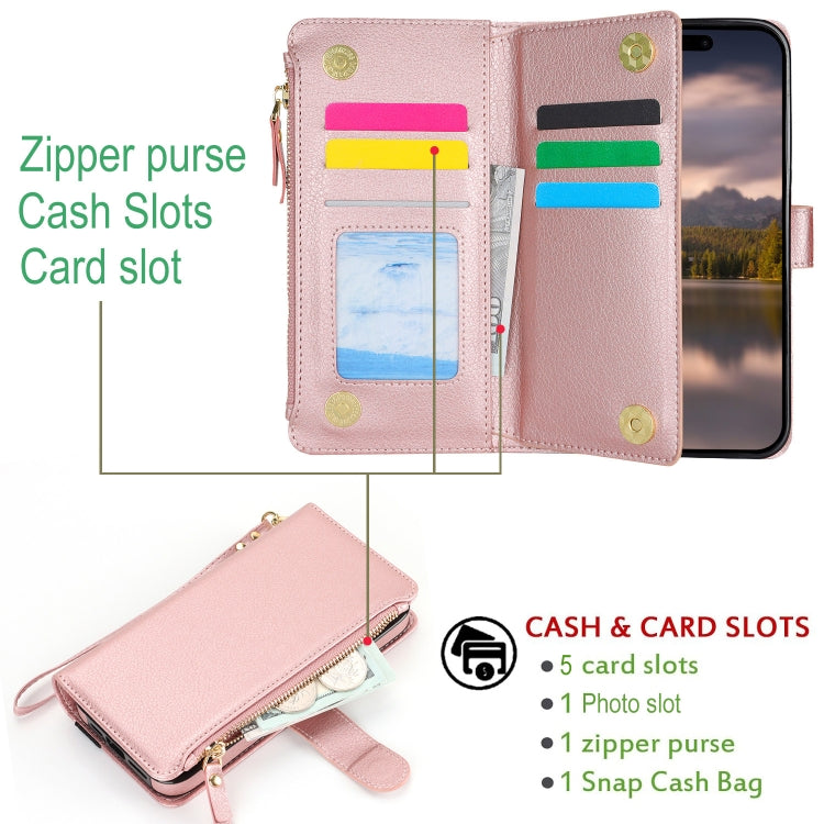 For iPhone 16 Pro Wristband Holder Zipper Purse RFID Leather Phone Case(Rose Gold) - iPhone 16 Pro Cases by buy2fix | Online Shopping UK | buy2fix