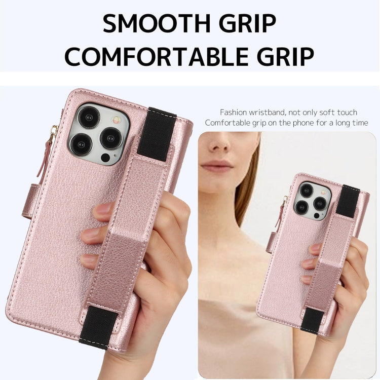 For iPhone 16 Pro Wristband Holder Zipper Purse RFID Leather Phone Case(Rose Gold) - iPhone 16 Pro Cases by buy2fix | Online Shopping UK | buy2fix