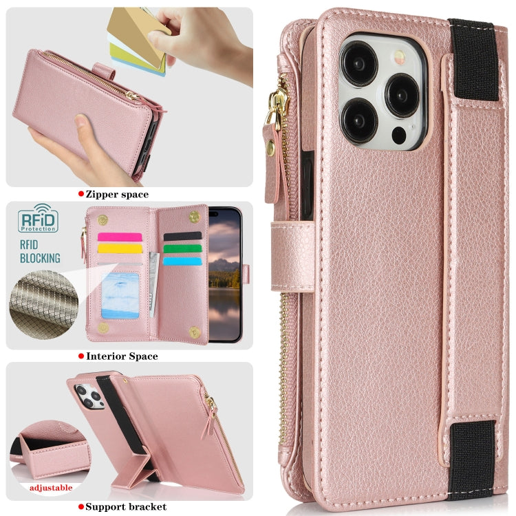 For iPhone 16 Pro Wristband Holder Zipper Purse RFID Leather Phone Case(Rose Gold) - iPhone 16 Pro Cases by buy2fix | Online Shopping UK | buy2fix