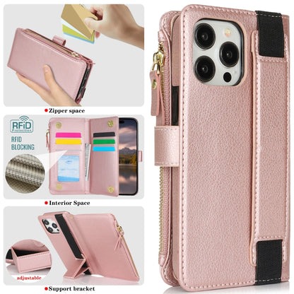 For iPhone 16 Pro Wristband Holder Zipper Purse RFID Leather Phone Case(Rose Gold) - iPhone 16 Pro Cases by buy2fix | Online Shopping UK | buy2fix