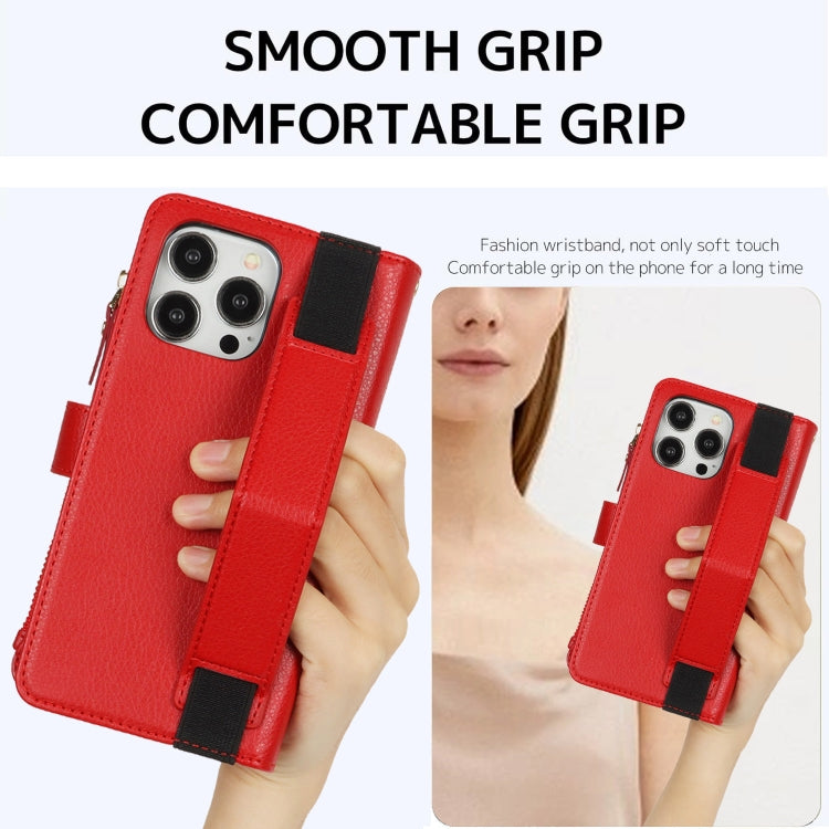 For iPhone 16 Pro Max Wristband Holder Zipper Purse RFID Leather Phone Case(Red) -  by buy2fix | Online Shopping UK | buy2fix