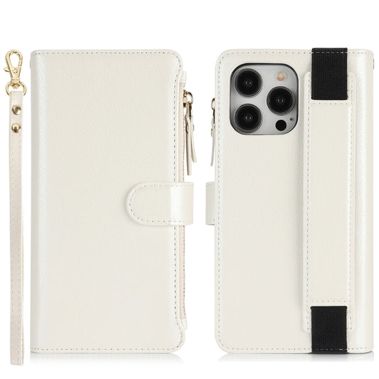 For iPhone 16 Pro Max Wristband Holder Zipper Purse RFID Leather Phone Case(White) -  by buy2fix | Online Shopping UK | buy2fix