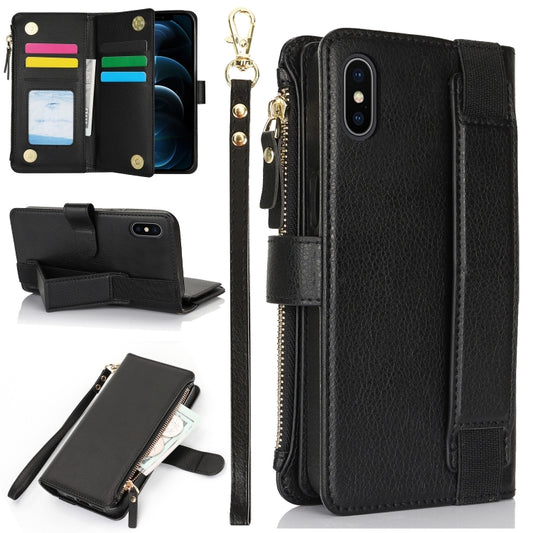 For iPhone XS / X Wristband Holder Zipper Purse RFID Leather Phone Case(Black) - More iPhone Cases by buy2fix | Online Shopping UK | buy2fix