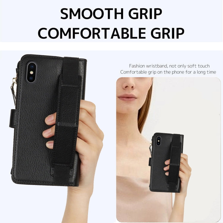 For iPhone XS / X Wristband Holder Zipper Purse RFID Leather Phone Case(Black) - More iPhone Cases by buy2fix | Online Shopping UK | buy2fix