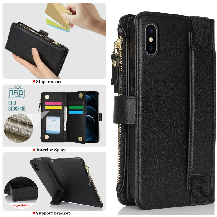 For iPhone XS / X Wristband Holder Zipper Purse RFID Leather Phone Case(Black) - More iPhone Cases by buy2fix | Online Shopping UK | buy2fix