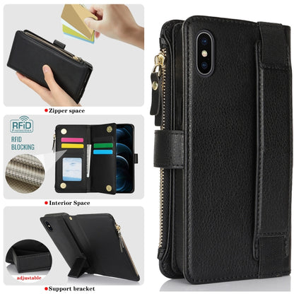 For iPhone XS / X Wristband Holder Zipper Purse RFID Leather Phone Case(Black) - More iPhone Cases by buy2fix | Online Shopping UK | buy2fix