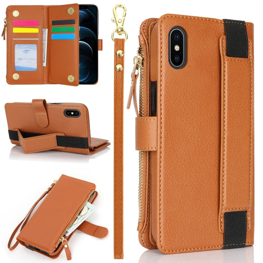 For iPhone XS / X Wristband Holder Zipper Purse RFID Leather Phone Case(Brown) - More iPhone Cases by buy2fix | Online Shopping UK | buy2fix