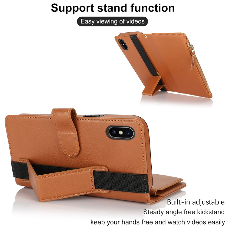 For iPhone XS / X Wristband Holder Zipper Purse RFID Leather Phone Case(Brown) - More iPhone Cases by buy2fix | Online Shopping UK | buy2fix
