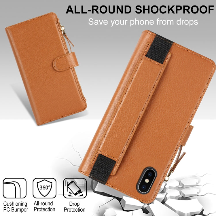 For iPhone XS / X Wristband Holder Zipper Purse RFID Leather Phone Case(Brown) - More iPhone Cases by buy2fix | Online Shopping UK | buy2fix