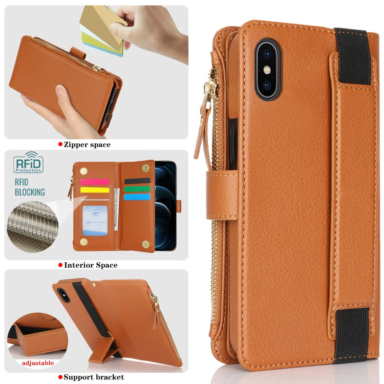 For iPhone XS / X Wristband Holder Zipper Purse RFID Leather Phone Case(Brown) - More iPhone Cases by buy2fix | Online Shopping UK | buy2fix