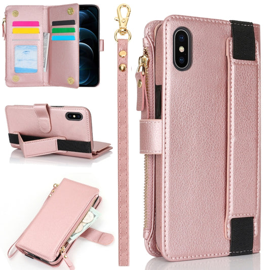 For iPhone XS / X Wristband Holder Zipper Purse RFID Leather Phone Case(Rose Gold) - More iPhone Cases by buy2fix | Online Shopping UK | buy2fix