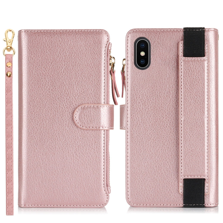 For iPhone XS / X Wristband Holder Zipper Purse RFID Leather Phone Case(Rose Gold) - More iPhone Cases by buy2fix | Online Shopping UK | buy2fix