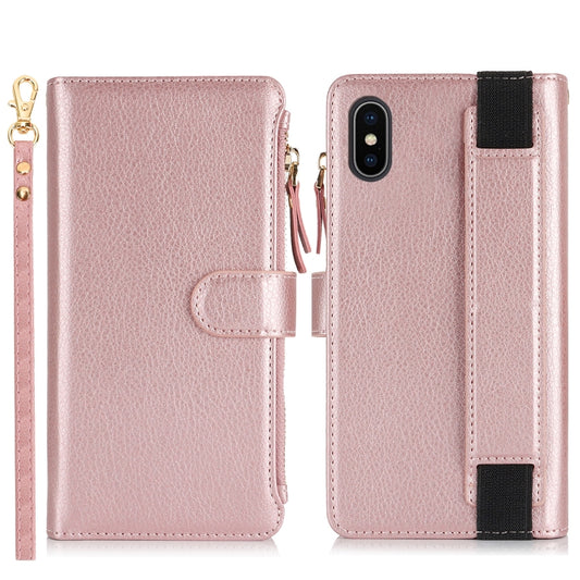 For iPhone XS / X Wristband Holder Zipper Purse RFID Leather Phone Case(Rose Gold) - More iPhone Cases by buy2fix | Online Shopping UK | buy2fix