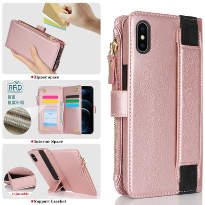 For iPhone XS / X Wristband Holder Zipper Purse RFID Leather Phone Case(Rose Gold) - More iPhone Cases by buy2fix | Online Shopping UK | buy2fix