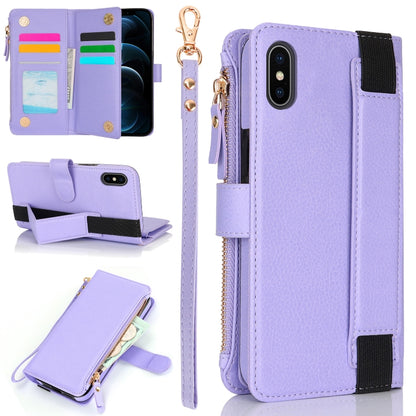 For iPhone XS / X Wristband Holder Zipper Purse RFID Leather Phone Case(Purple) - More iPhone Cases by buy2fix | Online Shopping UK | buy2fix