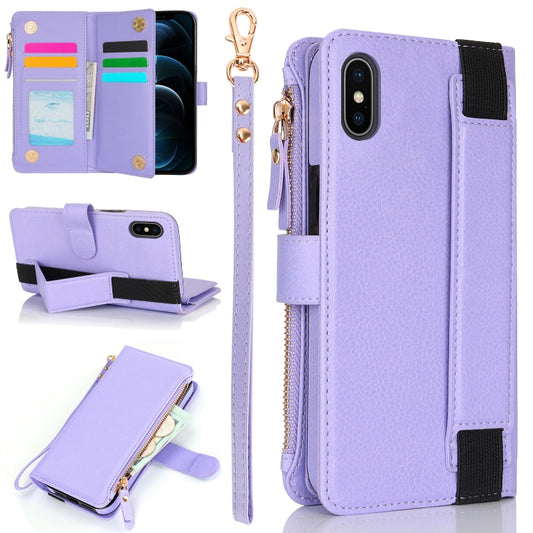 For iPhone XS / X Wristband Holder Zipper Purse RFID Leather Phone Case(Purple) - More iPhone Cases by buy2fix | Online Shopping UK | buy2fix