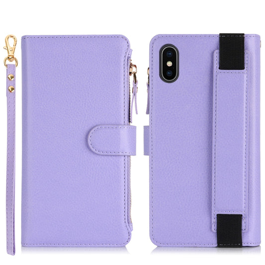 For iPhone XS / X Wristband Holder Zipper Purse RFID Leather Phone Case(Purple) - More iPhone Cases by buy2fix | Online Shopping UK | buy2fix