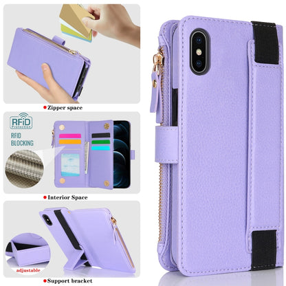 For iPhone XS / X Wristband Holder Zipper Purse RFID Leather Phone Case(Purple) - More iPhone Cases by buy2fix | Online Shopping UK | buy2fix