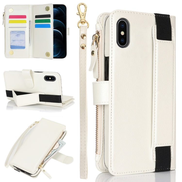 For iPhone XS / X Wristband Holder Zipper Purse RFID Leather Phone Case(White) - More iPhone Cases by buy2fix | Online Shopping UK | buy2fix