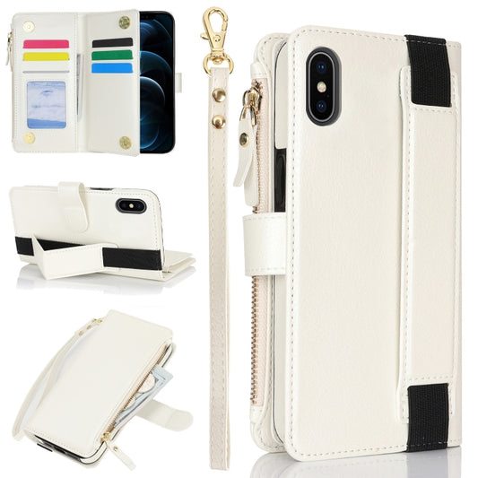 For iPhone XS / X Wristband Holder Zipper Purse RFID Leather Phone Case(White) - More iPhone Cases by buy2fix | Online Shopping UK | buy2fix