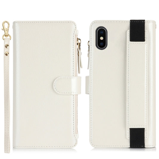 For iPhone XS / X Wristband Holder Zipper Purse RFID Leather Phone Case(White) - More iPhone Cases by buy2fix | Online Shopping UK | buy2fix