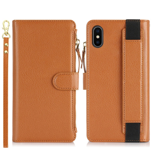 For iPhone XS Max Wristband Holder Zipper Purse RFID Leather Phone Case(Brown) - More iPhone Cases by buy2fix | Online Shopping UK | buy2fix