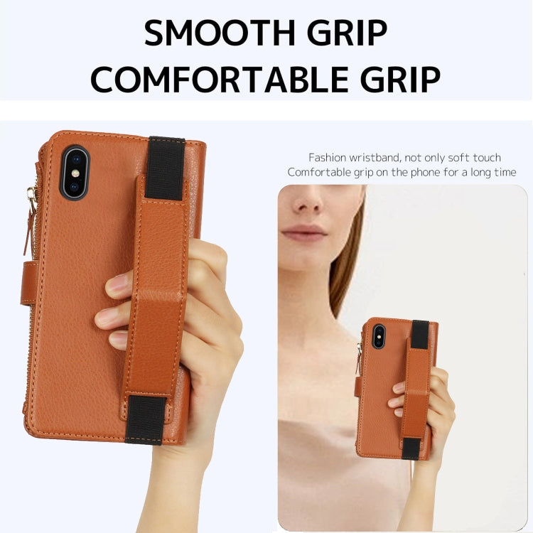 For iPhone XS Max Wristband Holder Zipper Purse RFID Leather Phone Case(Brown) - More iPhone Cases by buy2fix | Online Shopping UK | buy2fix