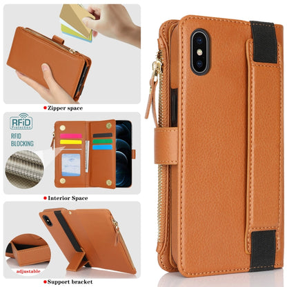 For iPhone XS Max Wristband Holder Zipper Purse RFID Leather Phone Case(Brown) - More iPhone Cases by buy2fix | Online Shopping UK | buy2fix