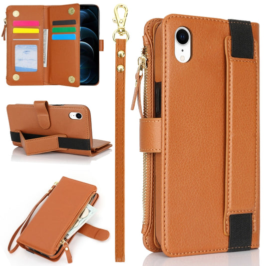 For iPhone XR Wristband Holder Zipper Purse RFID Leather Phone Case(Brown) - More iPhone Cases by buy2fix | Online Shopping UK | buy2fix