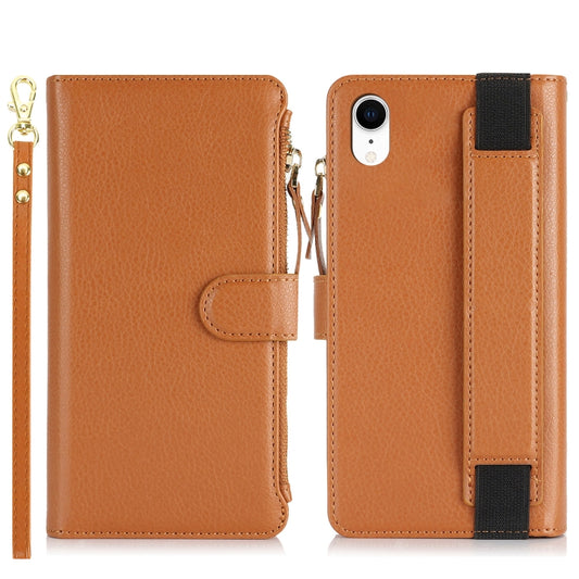 For iPhone XR Wristband Holder Zipper Purse RFID Leather Phone Case(Brown) - More iPhone Cases by buy2fix | Online Shopping UK | buy2fix