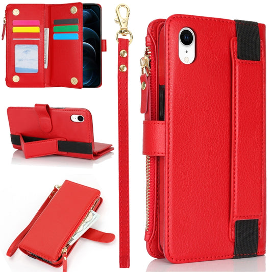 For iPhone XR Wristband Holder Zipper Purse RFID Leather Phone Case(Red) - More iPhone Cases by buy2fix | Online Shopping UK | buy2fix