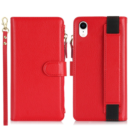 For iPhone XR Wristband Holder Zipper Purse RFID Leather Phone Case(Red) - More iPhone Cases by buy2fix | Online Shopping UK | buy2fix