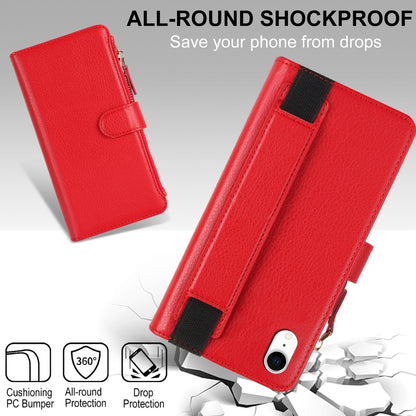 For iPhone XR Wristband Holder Zipper Purse RFID Leather Phone Case(Red) - More iPhone Cases by buy2fix | Online Shopping UK | buy2fix