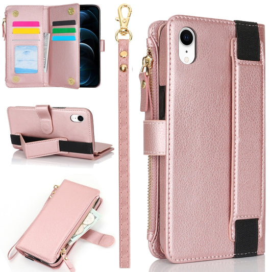 For iPhone XR Wristband Holder Zipper Purse RFID Leather Phone Case(Rose Gold) - More iPhone Cases by buy2fix | Online Shopping UK | buy2fix