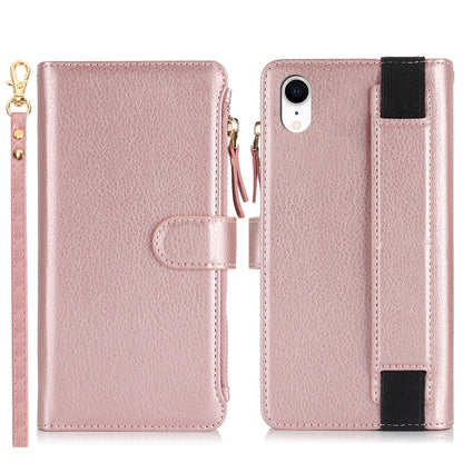 For iPhone XR Wristband Holder Zipper Purse RFID Leather Phone Case(Rose Gold) - More iPhone Cases by buy2fix | Online Shopping UK | buy2fix