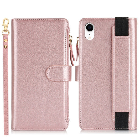 For iPhone XR Wristband Holder Zipper Purse RFID Leather Phone Case(Rose Gold) - More iPhone Cases by buy2fix | Online Shopping UK | buy2fix