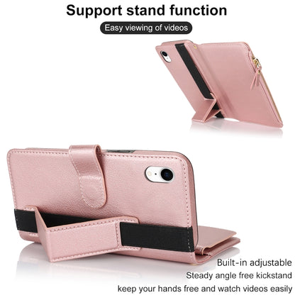 For iPhone XR Wristband Holder Zipper Purse RFID Leather Phone Case(Rose Gold) - More iPhone Cases by buy2fix | Online Shopping UK | buy2fix