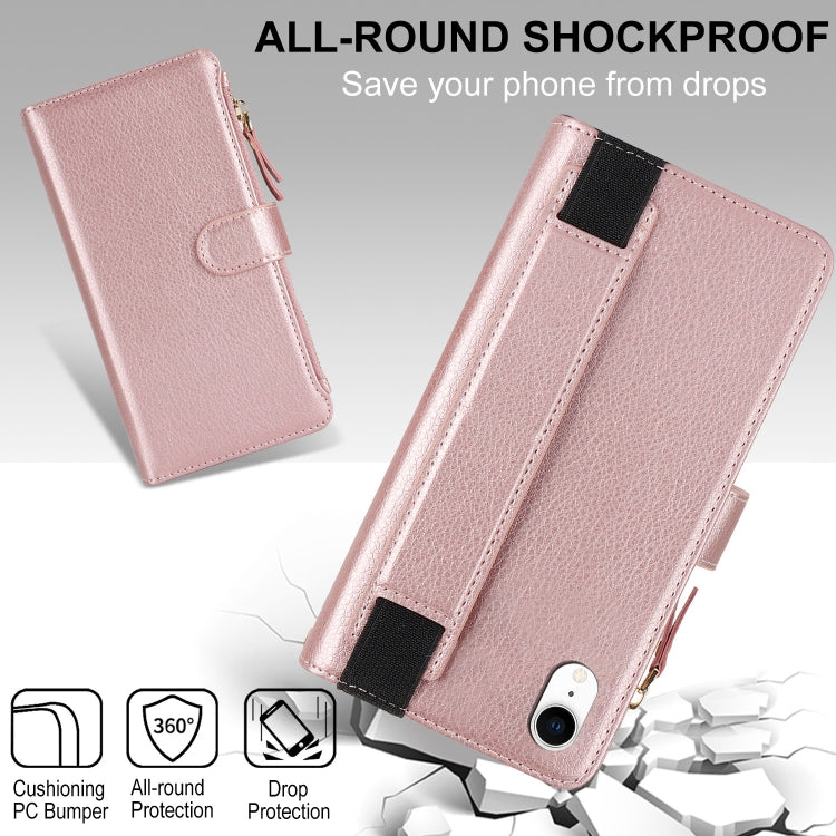 For iPhone XR Wristband Holder Zipper Purse RFID Leather Phone Case(Rose Gold) - More iPhone Cases by buy2fix | Online Shopping UK | buy2fix