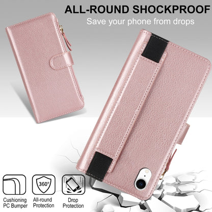 For iPhone XR Wristband Holder Zipper Purse RFID Leather Phone Case(Rose Gold) - More iPhone Cases by buy2fix | Online Shopping UK | buy2fix