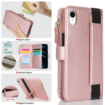 For iPhone XR Wristband Holder Zipper Purse RFID Leather Phone Case(Rose Gold) - More iPhone Cases by buy2fix | Online Shopping UK | buy2fix