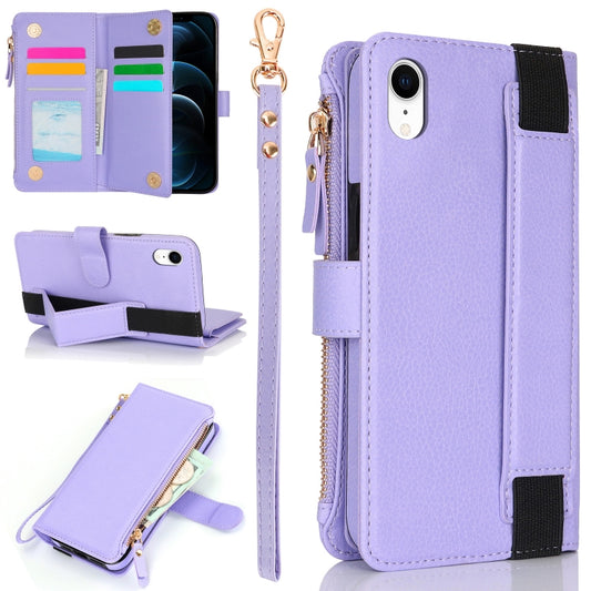 For iPhone XR Wristband Holder Zipper Purse RFID Leather Phone Case(Purple) - More iPhone Cases by buy2fix | Online Shopping UK | buy2fix