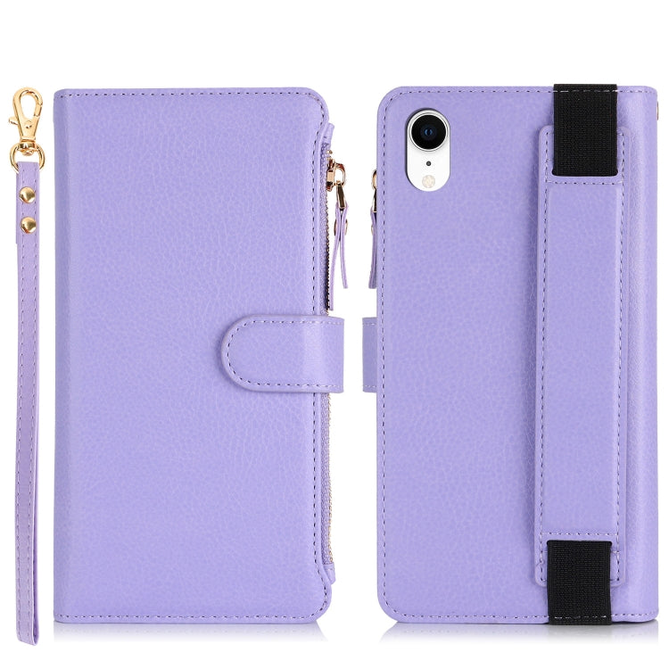 For iPhone XR Wristband Holder Zipper Purse RFID Leather Phone Case(Purple) - More iPhone Cases by buy2fix | Online Shopping UK | buy2fix