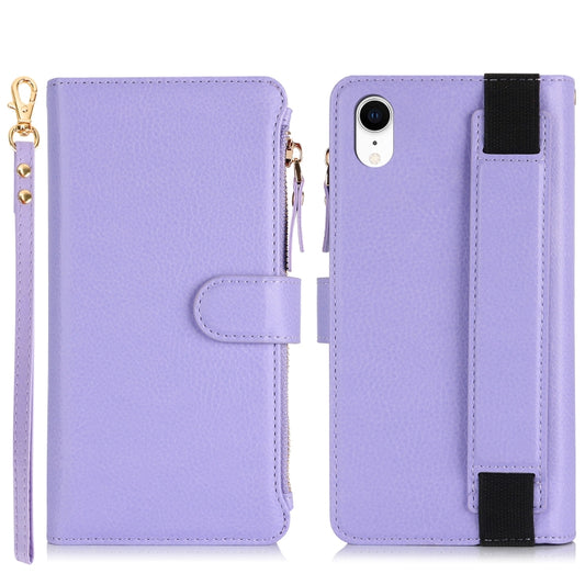 For iPhone XR Wristband Holder Zipper Purse RFID Leather Phone Case(Purple) - More iPhone Cases by buy2fix | Online Shopping UK | buy2fix