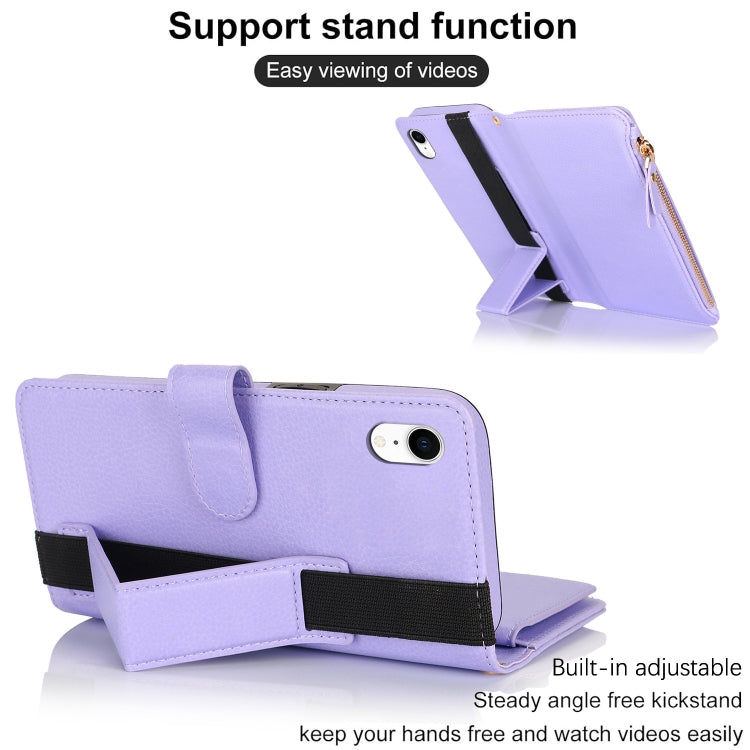 For iPhone XR Wristband Holder Zipper Purse RFID Leather Phone Case(Purple) - More iPhone Cases by buy2fix | Online Shopping UK | buy2fix