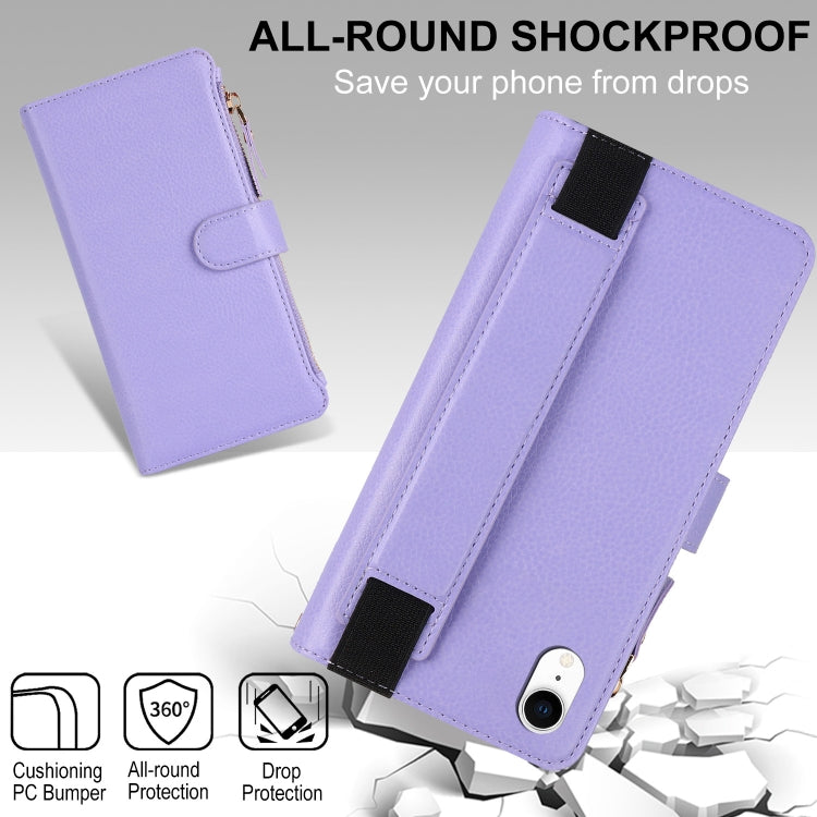 For iPhone XR Wristband Holder Zipper Purse RFID Leather Phone Case(Purple) - More iPhone Cases by buy2fix | Online Shopping UK | buy2fix