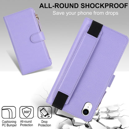 For iPhone XR Wristband Holder Zipper Purse RFID Leather Phone Case(Purple) - More iPhone Cases by buy2fix | Online Shopping UK | buy2fix