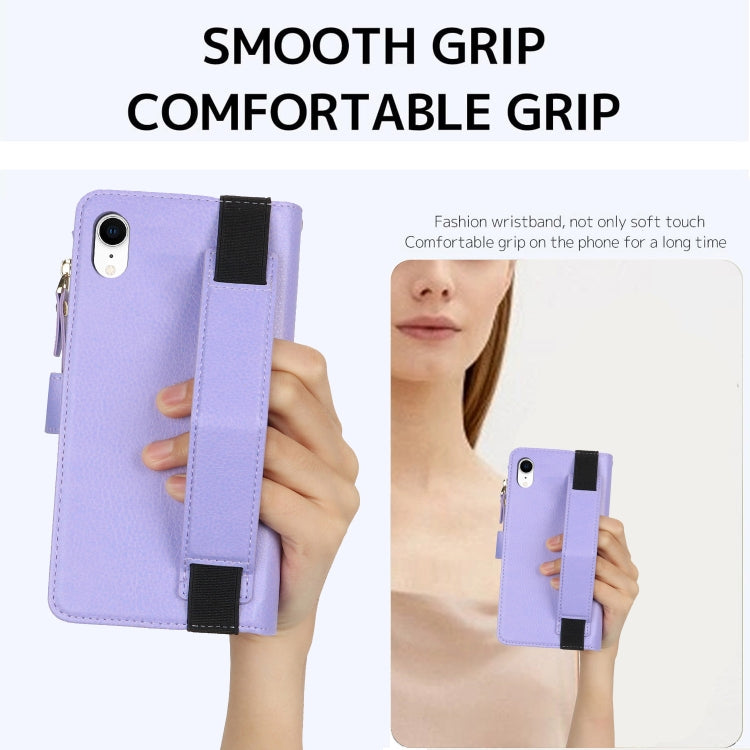 For iPhone XR Wristband Holder Zipper Purse RFID Leather Phone Case(Purple) - More iPhone Cases by buy2fix | Online Shopping UK | buy2fix