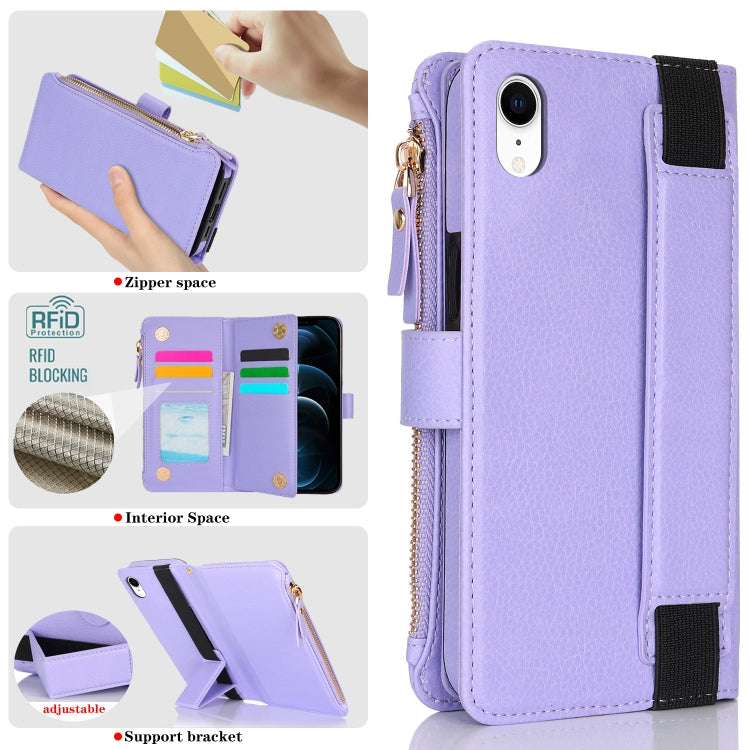For iPhone XR Wristband Holder Zipper Purse RFID Leather Phone Case(Purple) - More iPhone Cases by buy2fix | Online Shopping UK | buy2fix