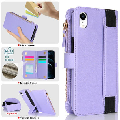 For iPhone XR Wristband Holder Zipper Purse RFID Leather Phone Case(Purple) - More iPhone Cases by buy2fix | Online Shopping UK | buy2fix
